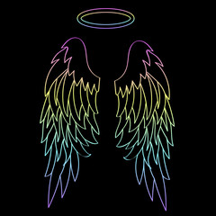 Beautiful angel wings with a halo isolated on black. Vector