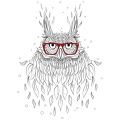Hipster owl character portrait. Hand drawn fashion portrait of g