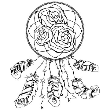 Dream catcher with rose flower. Tattoo art, mystic symbol. Print