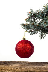 Christmas ball on a branch on a white background