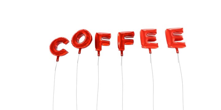 COFFEE - word made from red foil balloons - 3D rendered.  Can be used for an online banner ad or a print postcard.
