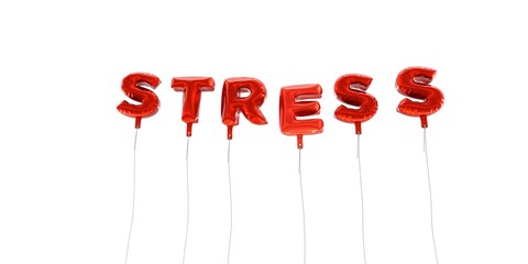 STRESS - word made from red foil balloons - 3D rendered.  Can be used for an online banner ad or a print postcard.