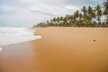 Naklejka premium Tropical Azuretti beach on the Atlantic ocean coast in Grand Bassam, stock image. Ivory Coast, Africa. April 2013.