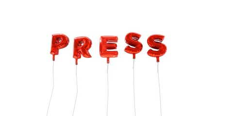 PRESS - word made from red foil balloons - 3D rendered.  Can be used for an online banner ad or a print postcard.