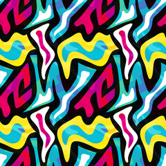 Fototapeta na wymiar Abstract seamless geometric pattern with urban elements, scuffed, drops, sprays, triangles, neon spray paint. Grunge texture background.