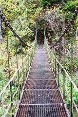 Fototapeta na wymiar Diminishing perspective of metal suspension footbridge over rive