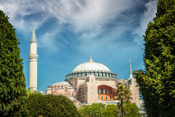 Fototapeta na wymiar Hagia Sophia museum, Istanbul, Turkey. Aya Sofia mosque exterior in Istanbul, Turkey