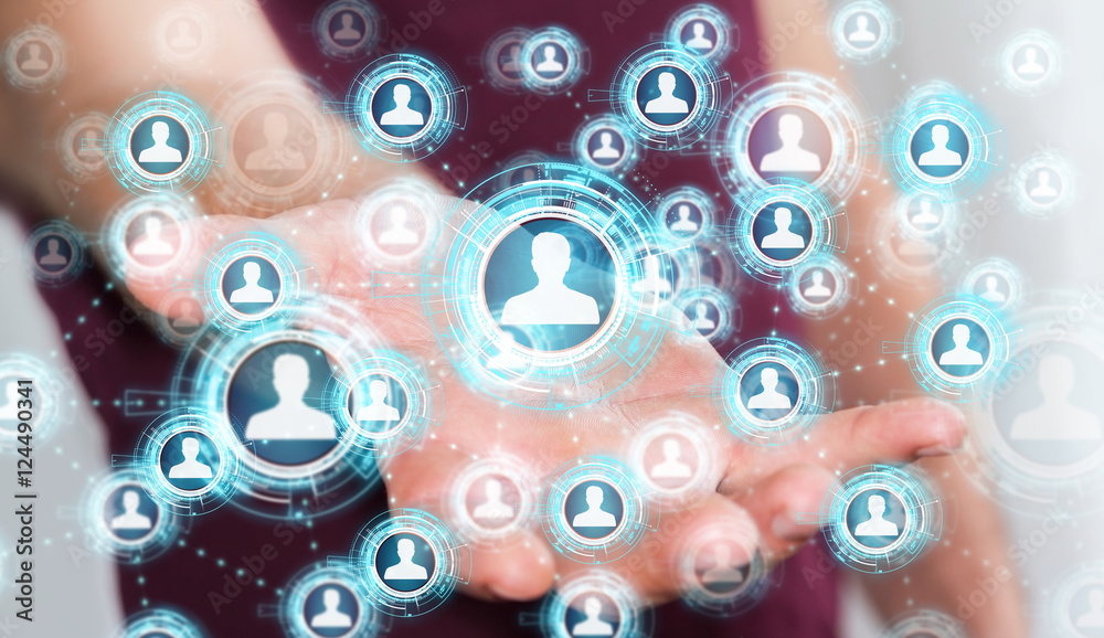 Poster businessman using blue social network 3d rendering