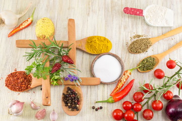 Various spices in wooden spoons on wooden table