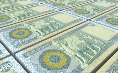 Iraqi dinars bills stacked background. 3D illustration.