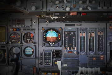 Different meters and displays in an old plane - obrazy, fototapety, plakaty