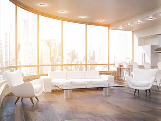 Cozy sunlit living room with sofa and armchairs