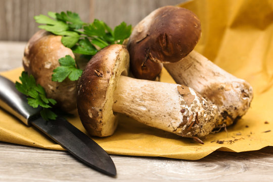three boletus  with parsley and knife