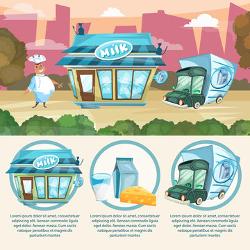 Milk shop infographics dairy products milkman delivery truck