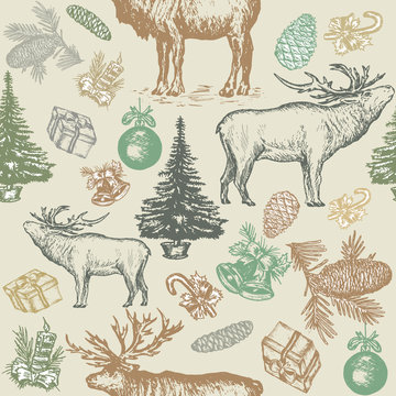 Christmas seamless pattern, reindeer, fir tree, balls