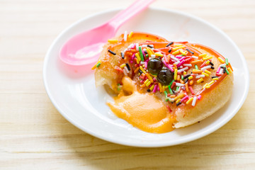 Fried ice-cream decoration on wood table