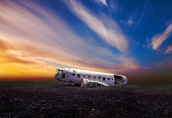 sunset view of a plane wreck near Vik in south Iceland 