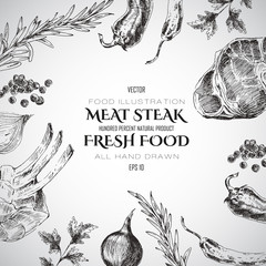 vector meat steak sketch drawing designer template. food hand-drawn backdrop for corporate identity - obrazy, fototapety, plakaty