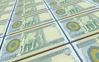 Iraqi dinars bills stacked background. 3D illustration.