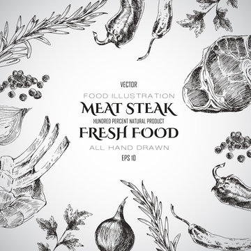 vector meat steak sketch drawing designer template. food hand-drawn backdrop for corporate identity