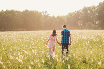 young couple walking in the blooming field with flowers in sunlight