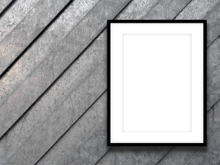 Single blank black picture frame on diagonal gray metal plates background