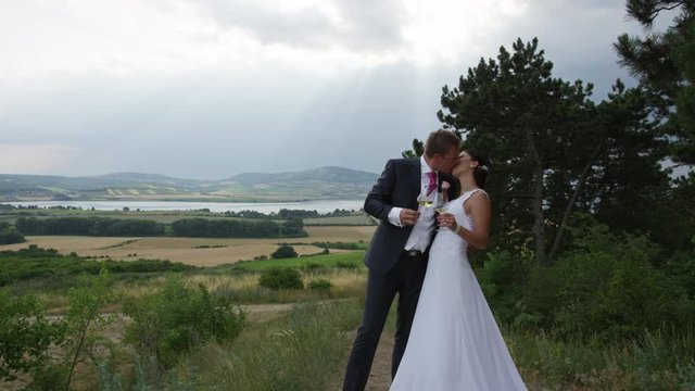 A wedding couple kisses with the Moravian wine country in the distance in southern Czech Republic. Rays of light shine through the clouds. 4k. In slow motion.