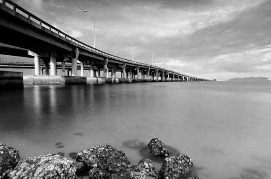 Fototapeta black and white image background under penang bridge located in