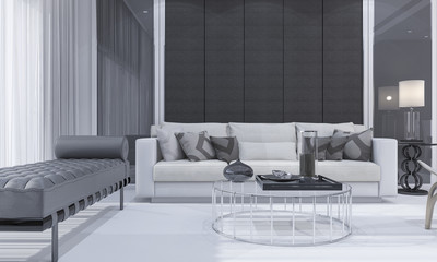 3d rendering nice modern and luxury living room with grey sofa and glass table
