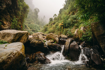 Misty mountain with creek and rocks in Bhagsu, Dharamsala, India