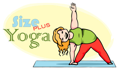 Happy fat lady doing yoga. Healthy lifestyle, weight loss, slimm