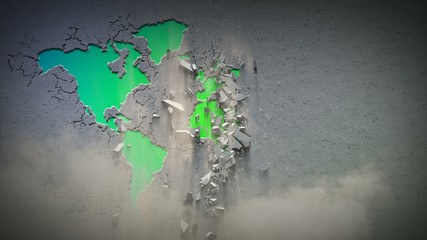 Crumbling Wall Revealing a World Map on Green Background. the Map Marked the City in the Form of a Heads-Up Display Interface. 4k Resolution.