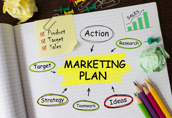 Notebook with Toolls and Notes about Marketing Plan,concept