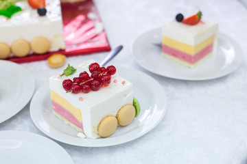 Strawberry Mousse Cake on the white Plate. Mousse dessert. Mouss