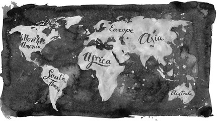 World map in old retro style on black grunge background with lettering