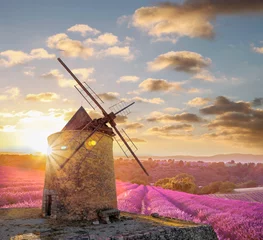 Fototapeten Windmühle mit Levanderfeld gegen farbenprächtigen Sonnenuntergang in der Provence, Frankreich © Tomas Marek
