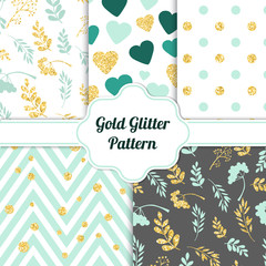 Set of beautiful golden glitter seamless patterns for different festive designs. Vector illustration