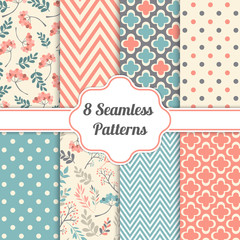 Set of seamless patterns. Floral, zigzag, cross, dotted background. Vector illustration