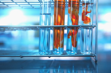 four test tubes with orange solution in lab science background