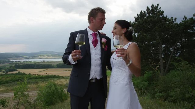 A groom kisses his bride all over with the Moravian wine country in the distance in southern Czech Republic. 4k. In slow motion.