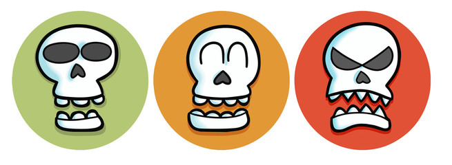 3 funny expressive skull with different color each.