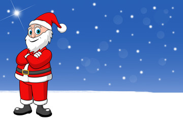 Nikolo Santa steht im Schneefall zu Weihnachten, copy space, cartoon