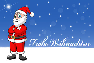 Comic Santa steht im Schnee, Hintergrund, Frohe Weihnachten