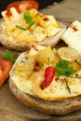 Bread and cheese. Healthy food for athletes. Dietary breakfast.

