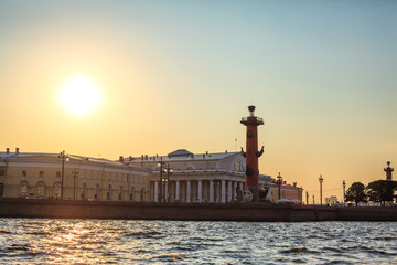 View from the Neva at the Rostral column and stock exchange building. Saint-Petersburg. Russia