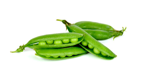 green pea pod, green peas, white background