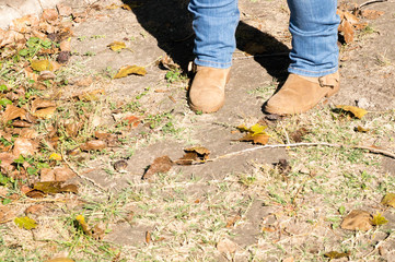 Brown leather boots with yellow leaves