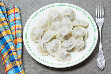 Dumplings in a dish. A fork and a napkin
