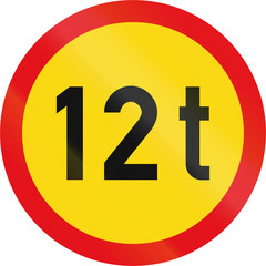 Temporary road sign used in the African country of Botswana - Vehicles exceeding 12 tonnes prohibited