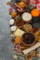 Ingredients to bake traditional Christmas fruit cake